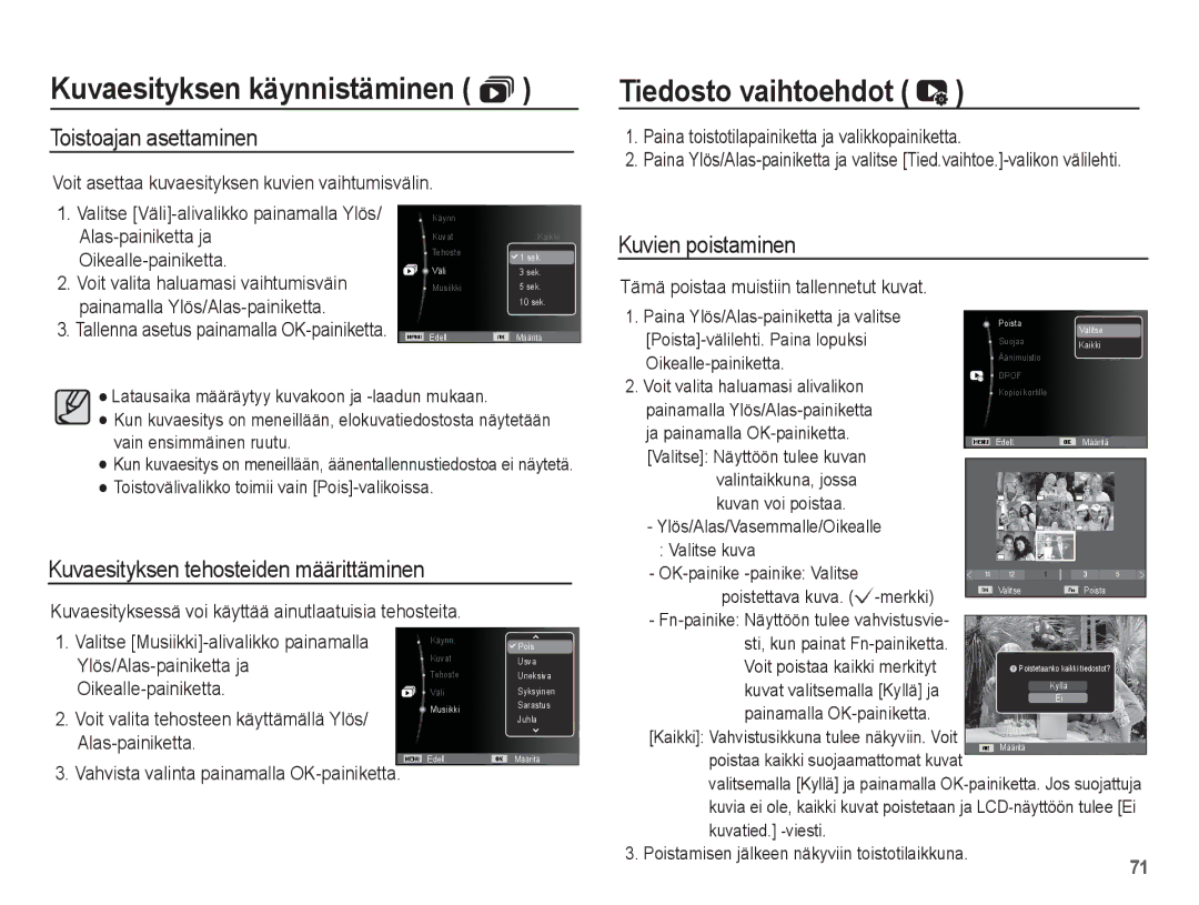 Samsung EC-ES20ZZBABE2 manual Tiedosto vaihtoehdot, Toistoajan asettaminen, Kuvaesityksen tehosteiden määrittäminen 