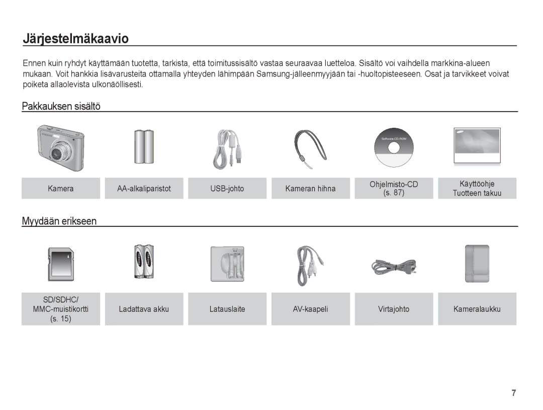 Samsung EC-ES20ZZBABE2, EC-ES20ZZBASE2, EC-ES20ZZBAPE2 manual Järjestelmäkaavio, Pakkauksen sisältö, Myydään erikseen 