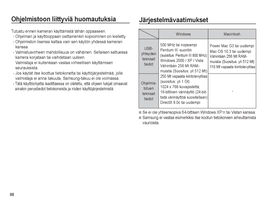 Samsung EC-ES20ZZBAWE2, EC-ES20ZZBABE2, EC-ES20ZZBASE2 manual Ohjelmistoon liittyviä huomautuksia, Järjestelmävaatimukset 