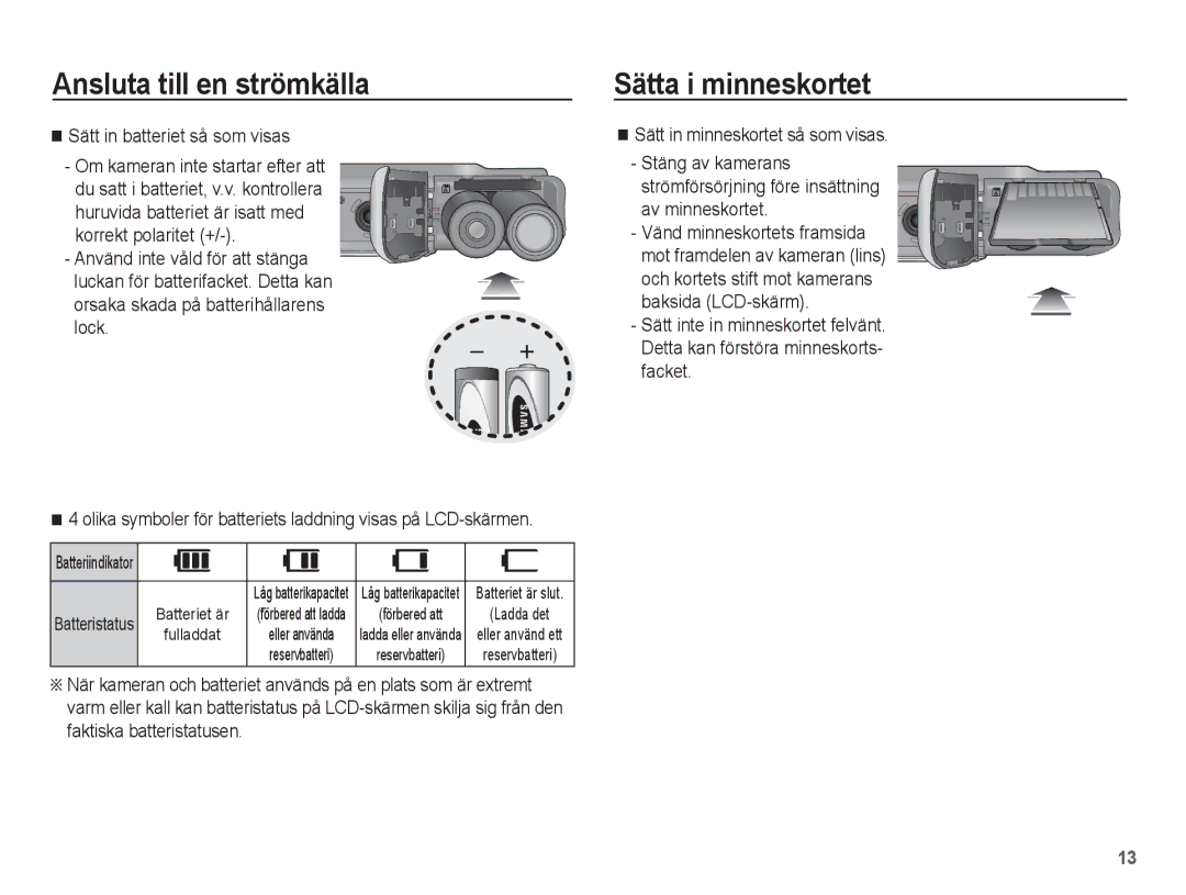 Samsung EC-ES20ZZBAPE2 manual Sätta i minneskortet, Korrekt polaritet +/-. Använd inte våld för att stänga, Batteristatus 