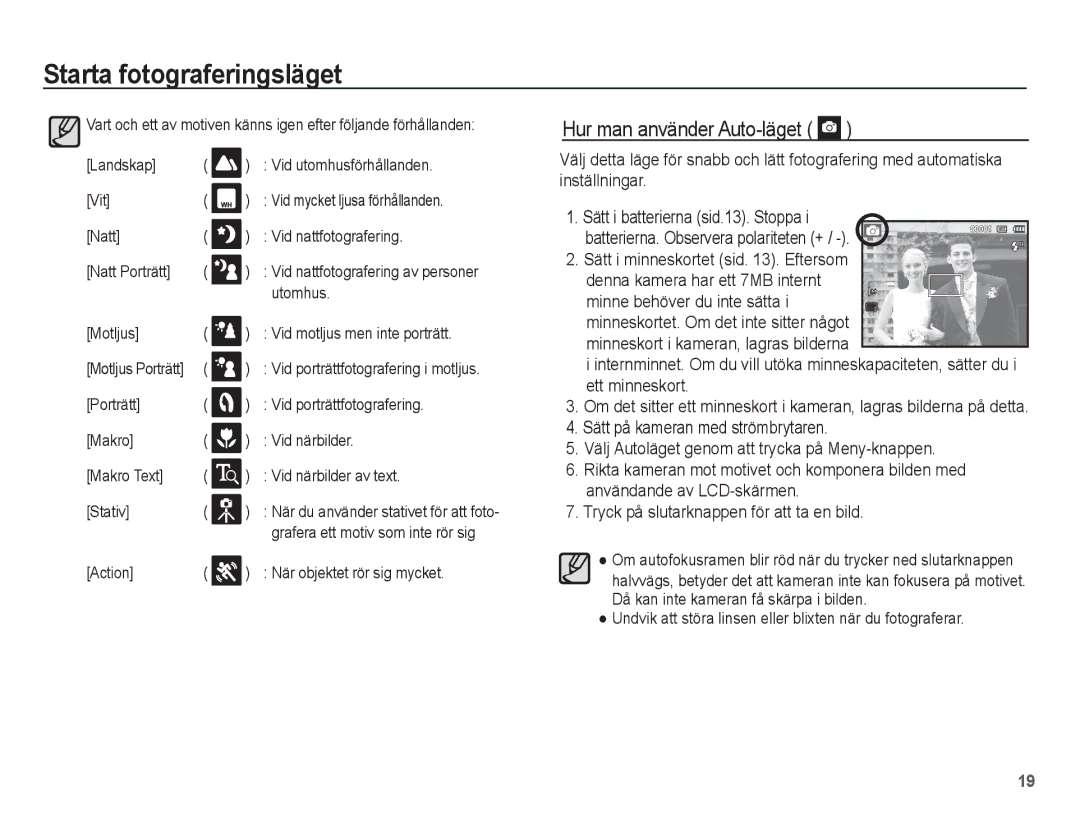 Samsung EC-ES20ZZBABE2, EC-ES20ZZBASE2 manual Hur man använder Auto-läget, Utomhus, Motljus Vid motljus men inte porträtt 