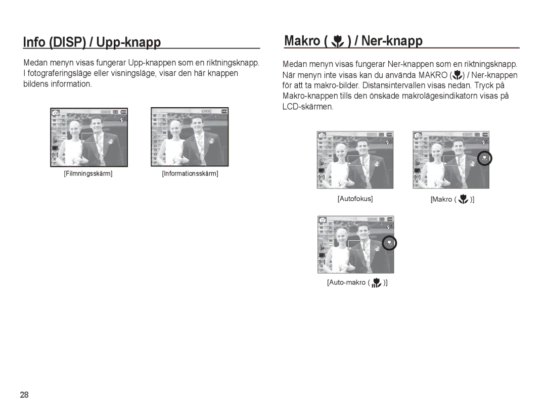 Samsung EC-ES20ZZBASE2, EC-ES20ZZBABE2, EC-ES20ZZBAPE2, EC-ES20ZZBAWE2 manual Info Disp / Upp-knapp, Makro / Ner-knapp 