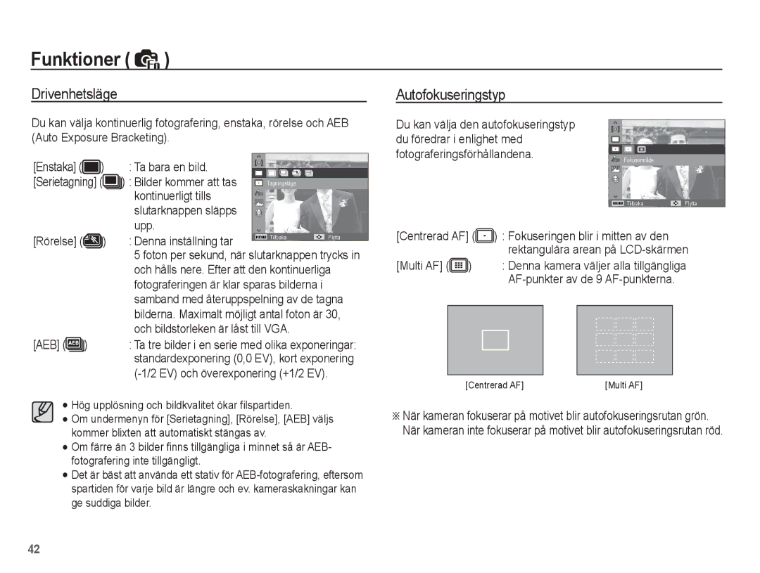 Samsung EC-ES20ZZBAWE2, EC-ES20ZZBABE2, EC-ES20ZZBASE2, EC-ES20ZZBAPE2 manual Drivenhetsläge Autofokuseringstyp 