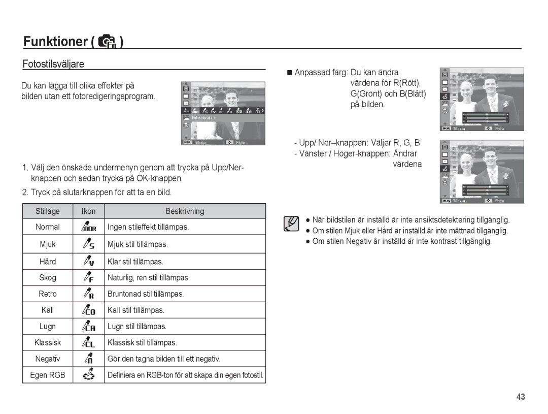 Samsung EC-ES20ZZBABE2, EC-ES20ZZBASE2, EC-ES20ZZBAPE2, EC-ES20ZZBAWE2 Fotostilsväljare, Upp/ Ner-knappen Väljer R, G, B 