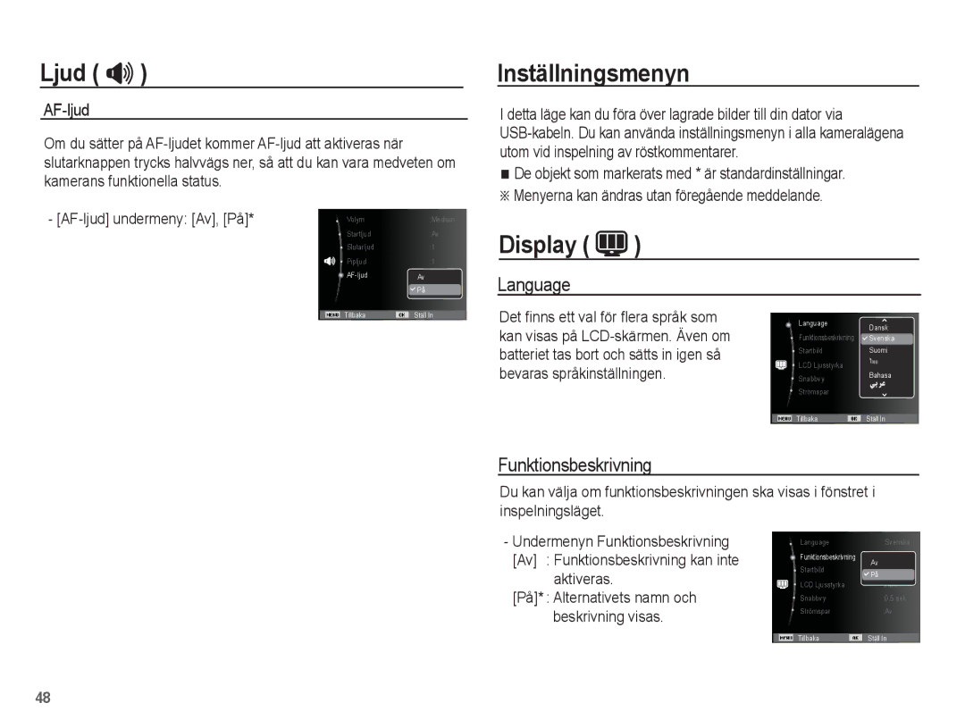 Samsung EC-ES20ZZBASE2, EC-ES20ZZBABE2, EC-ES20ZZBAPE2 manual Inställningsmenyn, Display, Language, Funktionsbeskrivning 