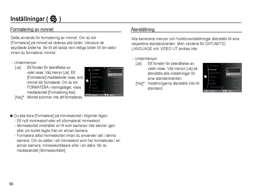 Samsung EC-ES20ZZBAWE2, EC-ES20ZZBABE2, EC-ES20ZZBASE2, EC-ES20ZZBAPE2 Inställningar, Formatering av minnet, Återställning 