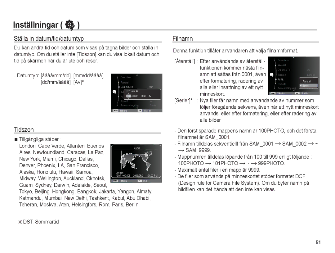 Samsung EC-ES20ZZBABE2, EC-ES20ZZBASE2, EC-ES20ZZBAPE2, EC-ES20ZZBAWE2 manual Ställa in datum/tid/datumtyp, Tidszon, Filnamn 