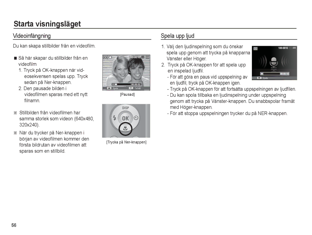 Samsung EC-ES20ZZBASE2, EC-ES20ZZBABE2, EC-ES20ZZBAPE2, EC-ES20ZZBAWE2 manual Videoinfångning, Spela upp ljud 