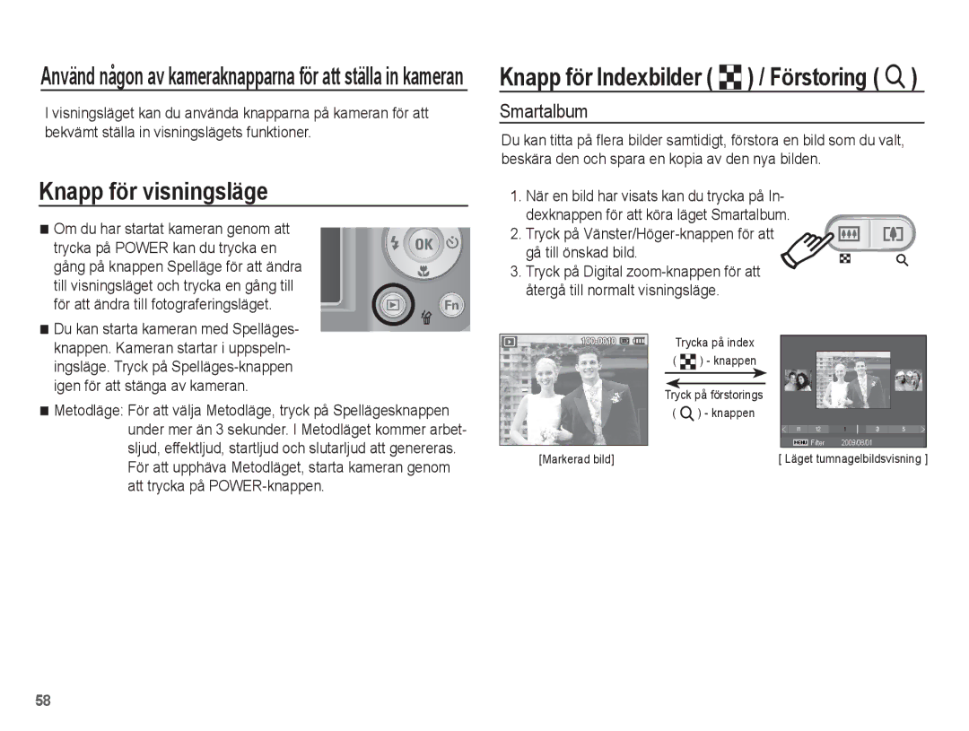 Samsung EC-ES20ZZBAWE2 Knapp för visningsläge, Smartalbum, Tryck på Vänster/Höger-knappen för att gå till önskad bild 