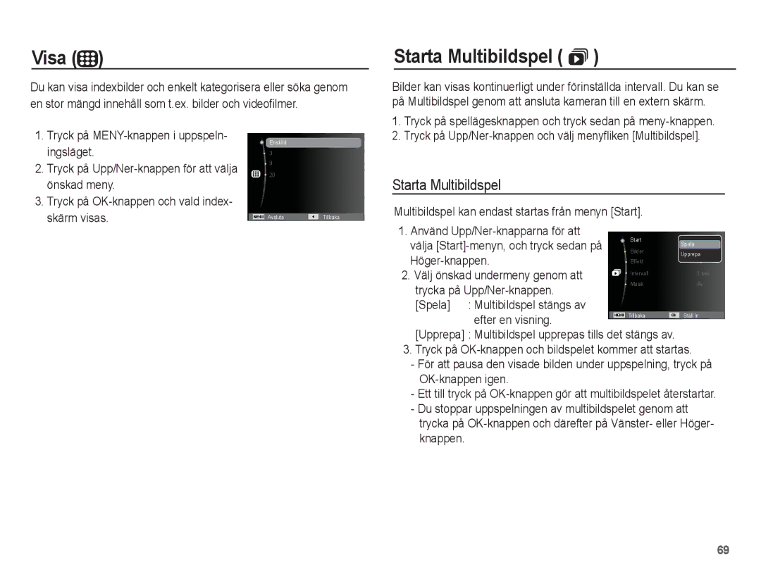 Samsung EC-ES20ZZBAPE2, EC-ES20ZZBABE2, EC-ES20ZZBASE2, EC-ES20ZZBAWE2 manual Visa, Starta Multibildspel  