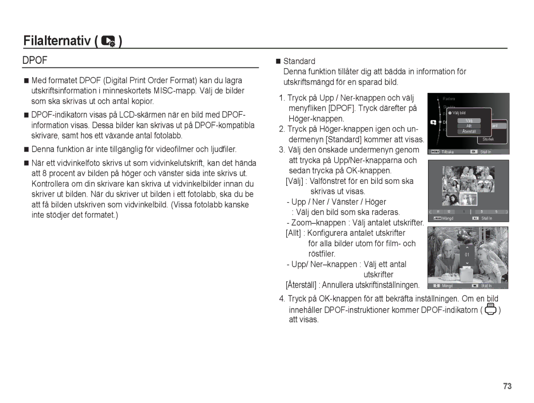 Samsung EC-ES20ZZBAPE2 manual Standard, Sedan trycka på OK-knappen, Skrivas ut visas Upp / Ner / Vänster / Höger, Röstfiler 