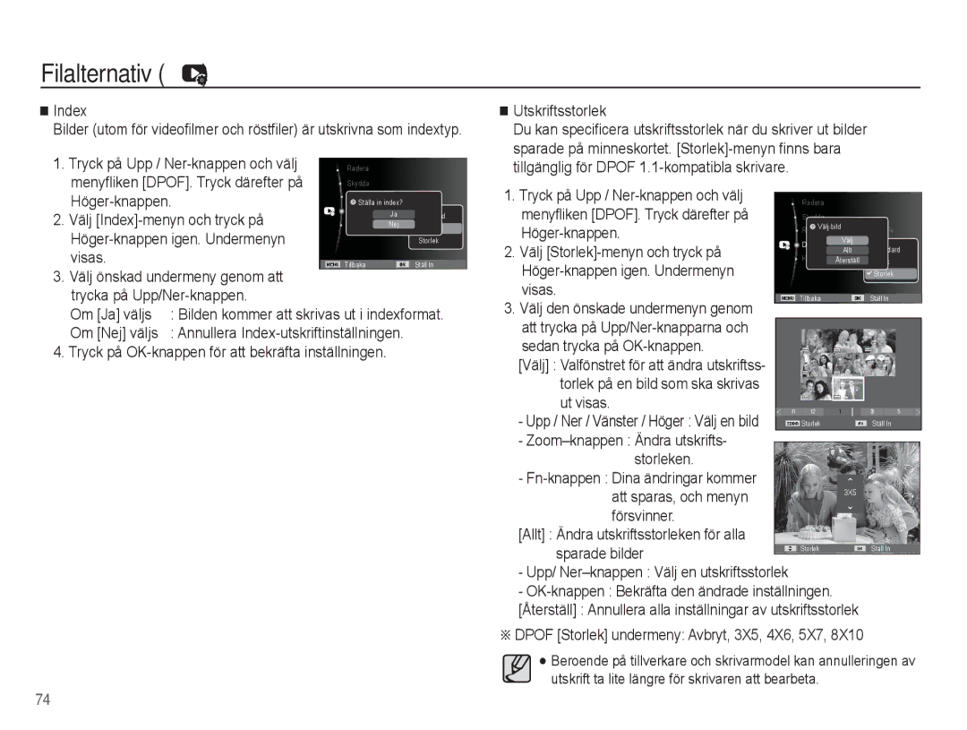 Samsung EC-ES20ZZBAWE2 Index, Tryck på Upp / Ner-knappen och välj, Menyfliken DPOF. Tryck därefter på, Visas, Om Ja väljs 