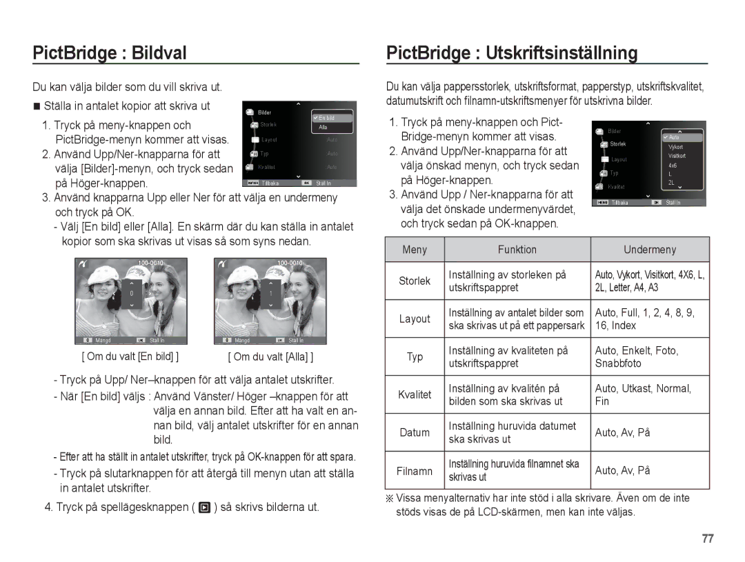 Samsung EC-ES20ZZBAPE2, EC-ES20ZZBABE2, EC-ES20ZZBASE2, EC-ES20ZZBAWE2 PictBridge Bildval, PictBridge Utskriftsinställning 