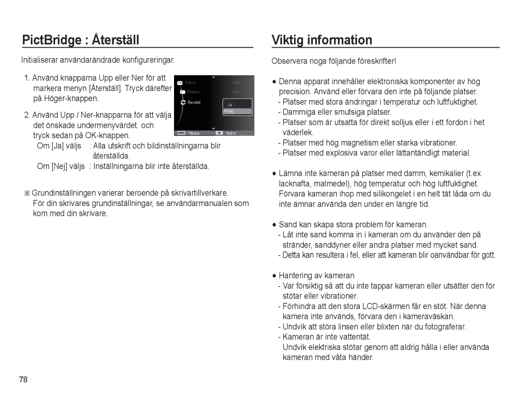 Samsung EC-ES20ZZBAWE2, EC-ES20ZZBABE2, EC-ES20ZZBASE2, EC-ES20ZZBAPE2 manual PictBridge Återställ, Viktig information 