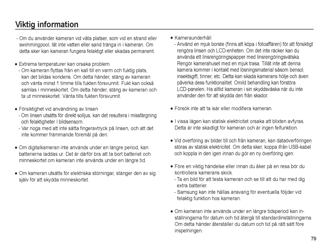 Samsung EC-ES20ZZBABE2 manual Extrema temperaturer kan orsaka problem, Försök inte att ta isär eller modifiera kameran 