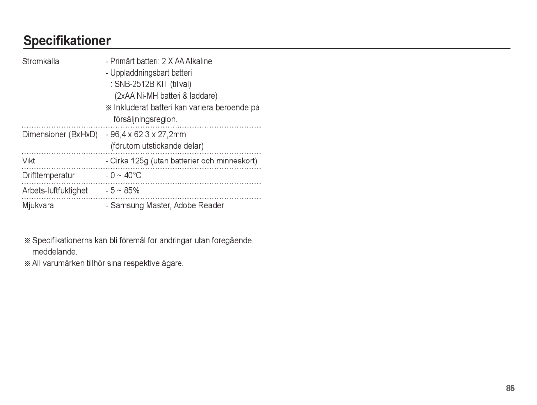 Samsung EC-ES20ZZBAPE2 manual Försäljningsregion, 96,4 x 62,3 x 27,2mm, Förutom utstickande delar, Vikt, Dimensioner BxHxD 