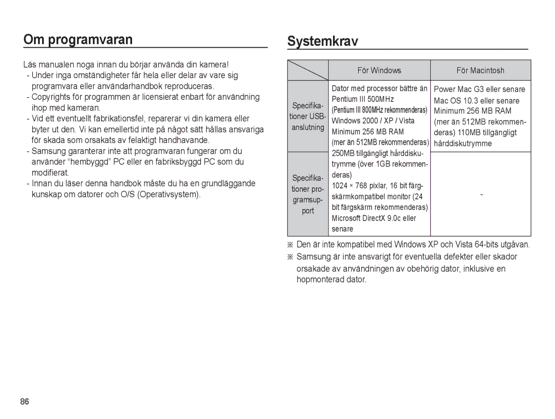 Samsung EC-ES20ZZBAWE2, EC-ES20ZZBABE2 Om programvaran, Systemkrav, Läs manualen noga innan du börjar använda din kamera 