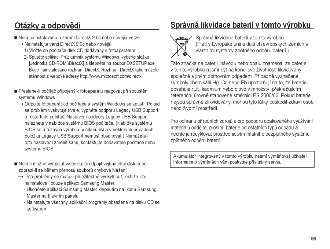 Samsung EC-ES20ZZBAPE3, EC-ES20ZZBASE3, EC-ES20ZZBABE3, EC-ES20ZZBAWE3 manual Správná likvidace baterií v tomto výrobku 