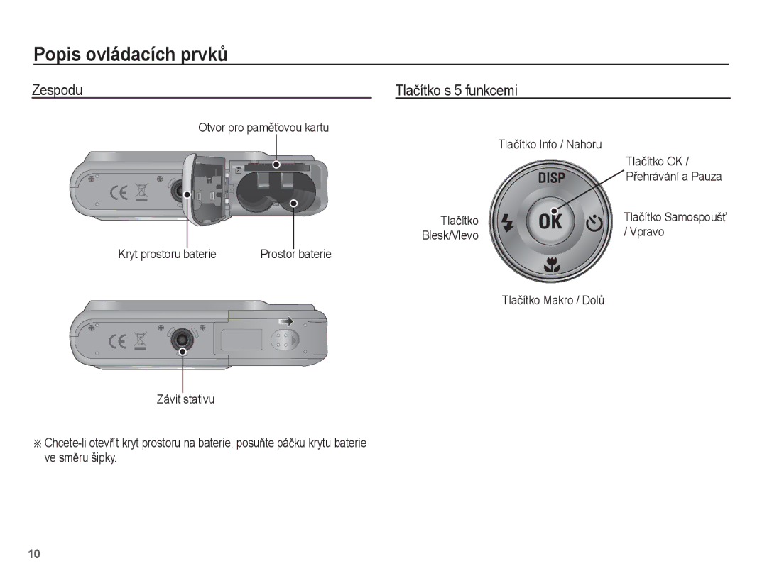 Samsung EC-ES20ZZBAWE3 manual Zespodu Tlaþítko s 5 funkcemi, Otvor pro pamČĢovou kartu Tlaþítko Info / Nahoru, Vpravo 