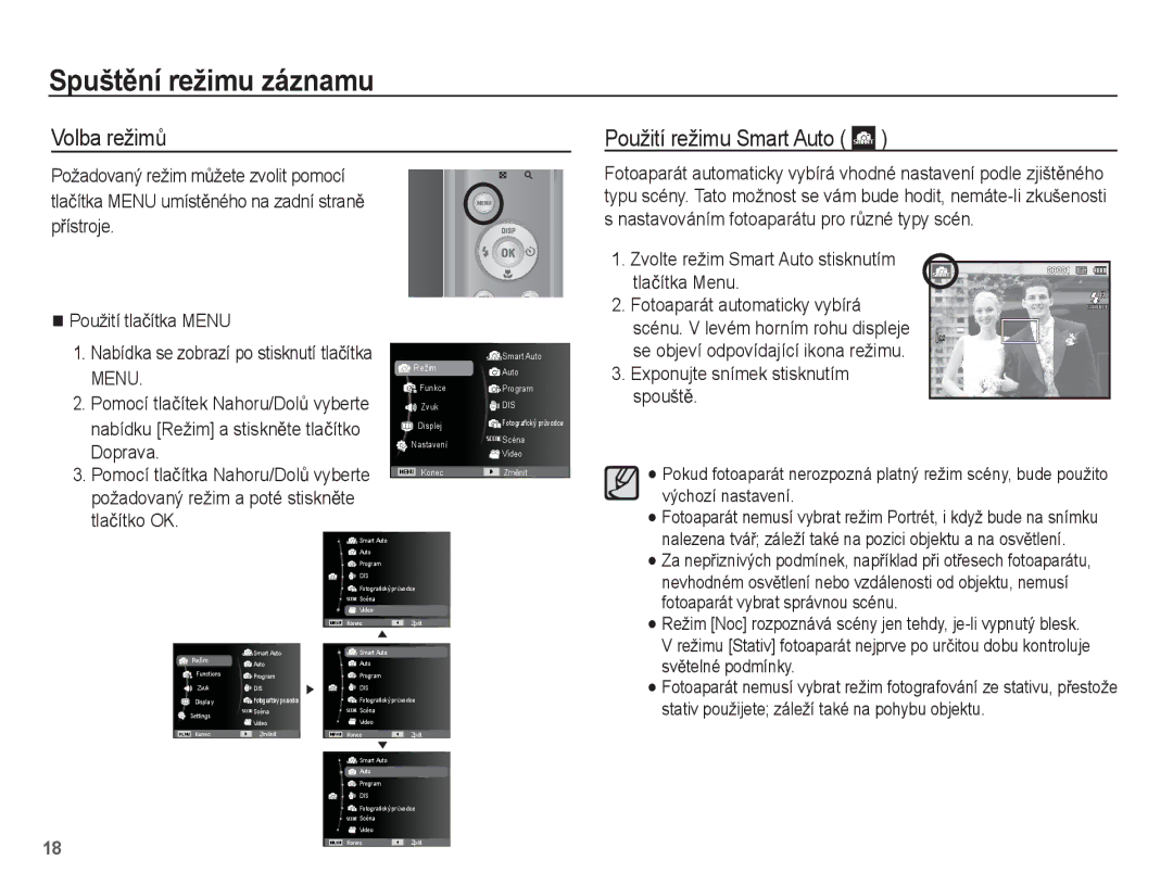 Samsung EC-ES20ZZBAWE3, EC-ES20ZZBAPE3, EC-ES20ZZBASE3 manual SpuštČní režimu záznamu, Volba režimĤ Použití režimu Smart Auto 