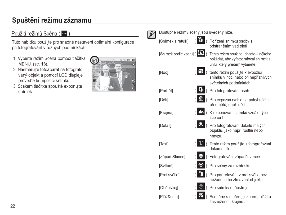 Samsung EC-ES20ZZBAWE3, EC-ES20ZZBAPE3, EC-ES20ZZBASE3, EC-ES20ZZBABE3 manual Použití režimĤ Scéna 