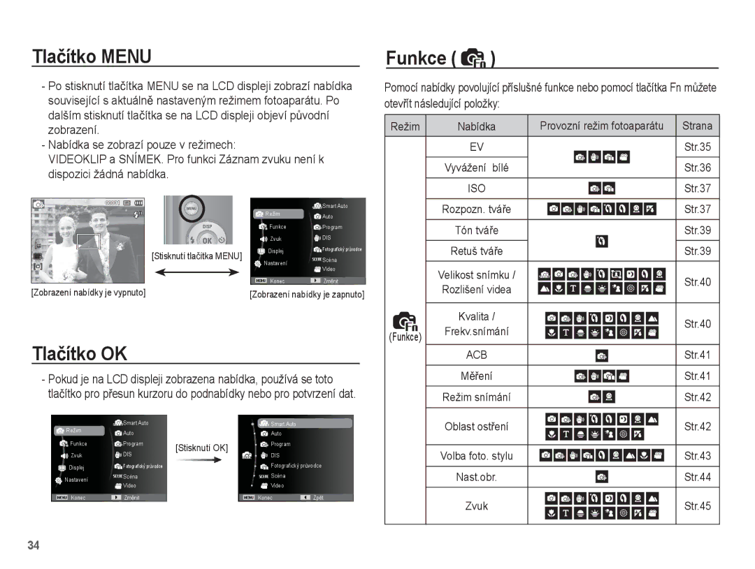 Samsung EC-ES20ZZBAWE3 manual Tlaþítko Menu, Tlaþítko OK, Pokud je na LCD displeji zobrazena nabídka, používá se toto 