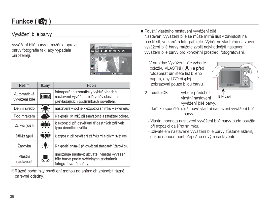 Samsung EC-ES20ZZBASE3 manual Barvy fotograﬁe tak, aby vypadala PĜirozenČji, Použití vlastního nastavení vyvážení bílé 