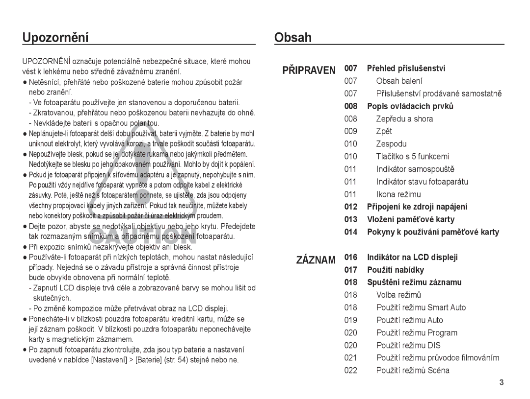 Samsung EC-ES20ZZBAPE3, EC-ES20ZZBASE3 manual UpozornČní Obsah, Obsah balení 007 PĜíslušenství prodávané samostatnČ 