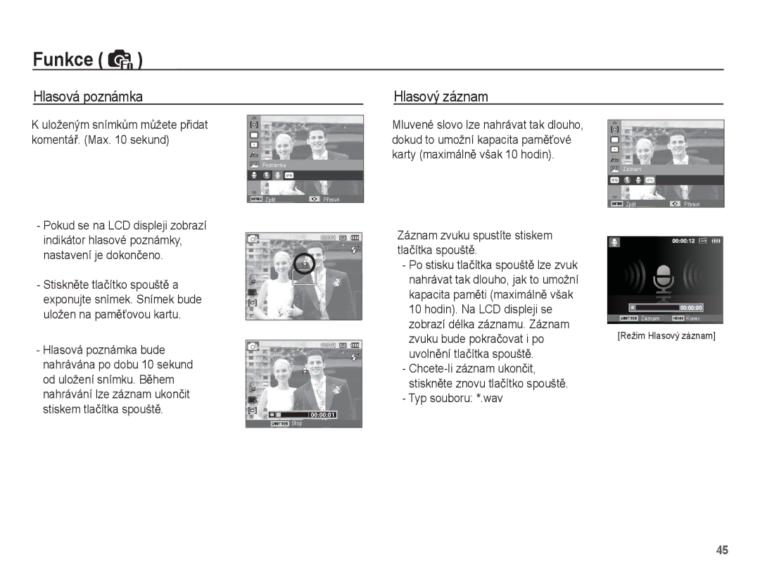 Samsung EC-ES20ZZBABE3 Hlasová poznámka Hlasový záznam, Záznam zvuku spustíte stiskem tlaþítka spouštČ, Typ souboru *.wav 