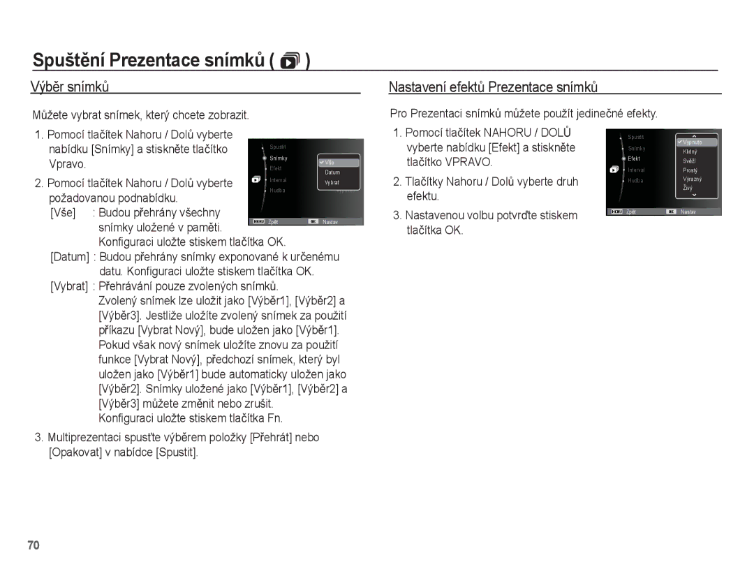 Samsung EC-ES20ZZBAWE3 manual VýbČr snímkĤ, Nastavení efektĤ Prezentace snímkĤ, MĤžete vybrat snímek, který chcete zobrazit 