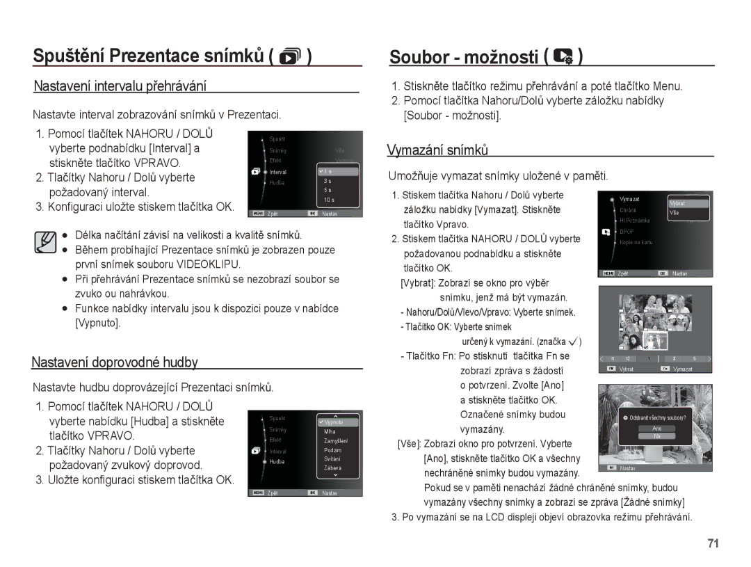 Samsung EC-ES20ZZBAPE3, EC-ES20ZZBASE3 manual Nastavení intervalu pĜehrávání, Vymazání snímkĤ, Nastavení doprovodné hudby 