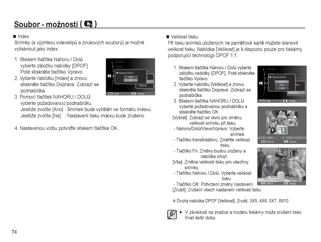 Samsung EC-ES20ZZBAWE3 manual Vyberte záložku nabídky Dpof, Poté stisknČte tlaþítko Vpravo, Vyberte nabídku Index a znovu 