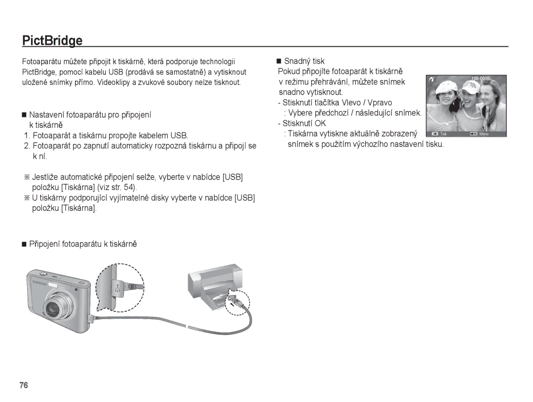 Samsung EC-ES20ZZBASE3, EC-ES20ZZBAPE3, EC-ES20ZZBABE3 manual PictBridge, Snímek s použitím výchozího nastavení tisku 