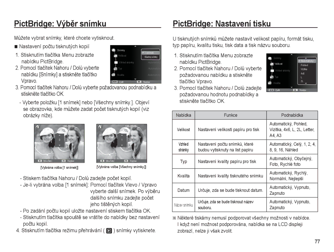 Samsung EC-ES20ZZBABE3, EC-ES20ZZBAPE3, EC-ES20ZZBASE3, EC-ES20ZZBAWE3 PictBridge VýbČr snímku, PictBridge Nastavení tisku 