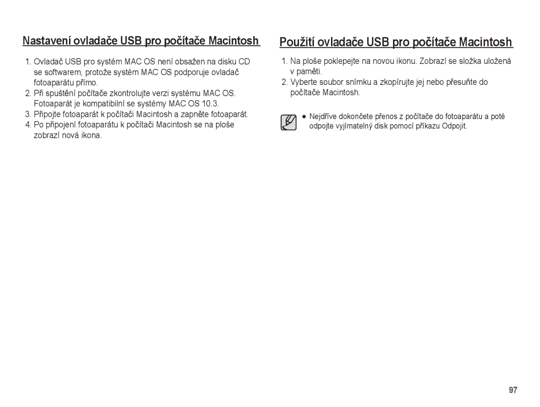 Samsung EC-ES20ZZBABE3, EC-ES20ZZBAPE3, EC-ES20ZZBASE3, EC-ES20ZZBAWE3 manual Použití ovladaþe USB pro poþítaþe Macintosh 