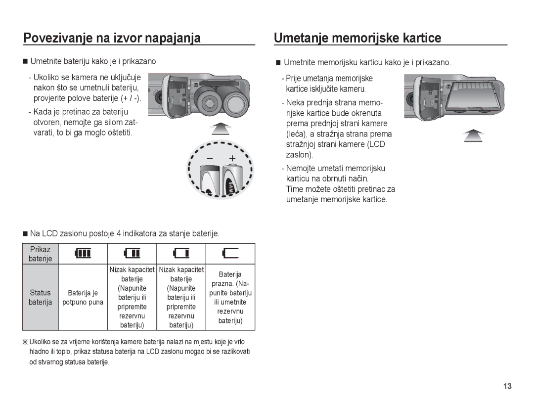 Samsung EC-ES20ZZBABE3, EC-ES20ZZBAPE3 manual Umetanje memorijske kartice, Umetnite bateriju kako je i prikazano, Prikaz 