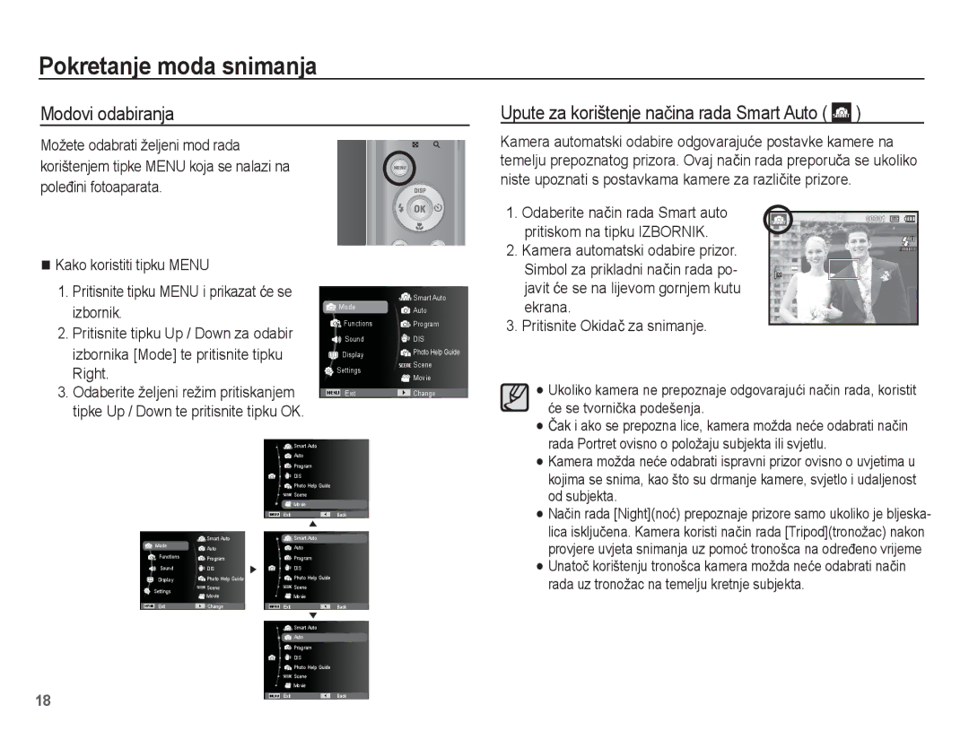 Samsung EC-ES20ZZBAWE3 manual Pokretanje moda snimanja, Modovi odabiranja Upute za korištenje naþina rada Smart Auto 