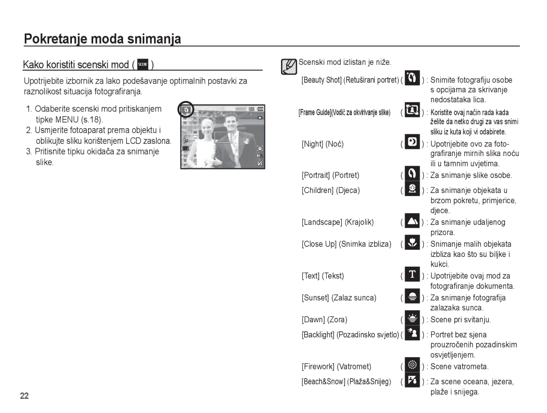 Samsung EC-ES20ZZBAWE3, EC-ES20ZZBAPE3, EC-ES20ZZBASE3, EC-ES20ZZBABE3 manual Kako koristiti scenski mod 