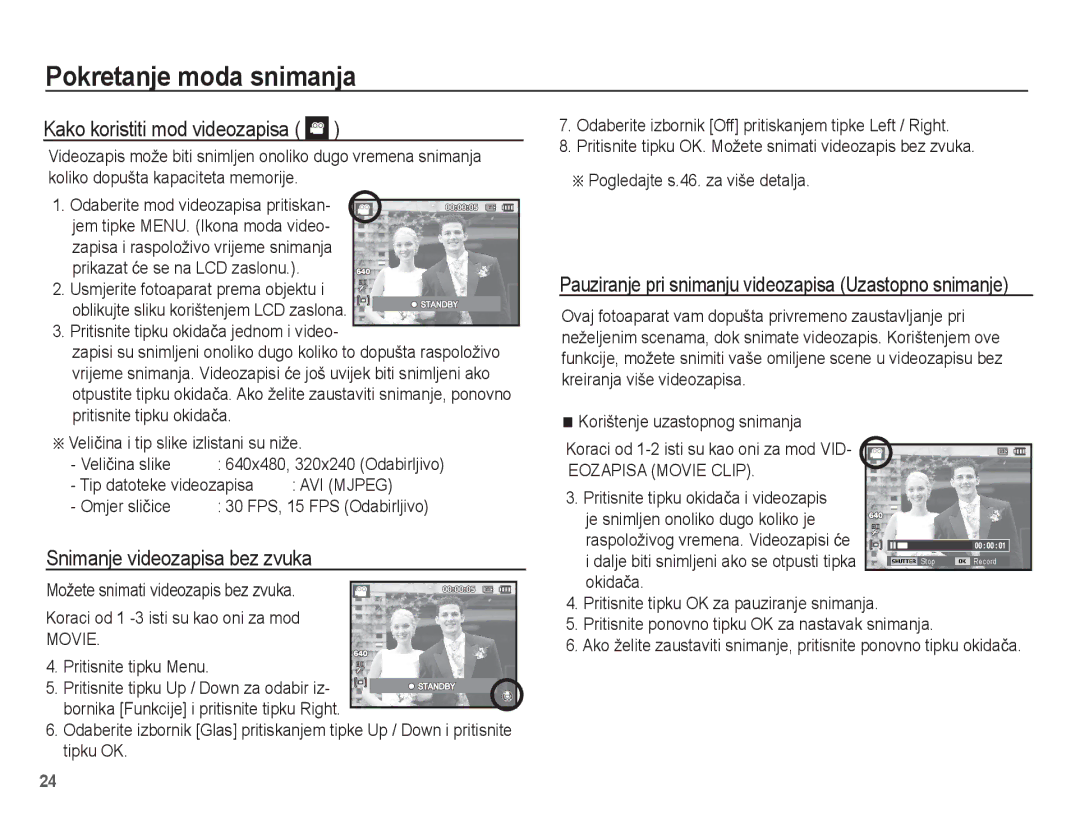 Samsung EC-ES20ZZBASE3 manual Kako koristiti mod videozapisa, Snimanje videozapisa bez zvuka, Tip datoteke videozapisa 