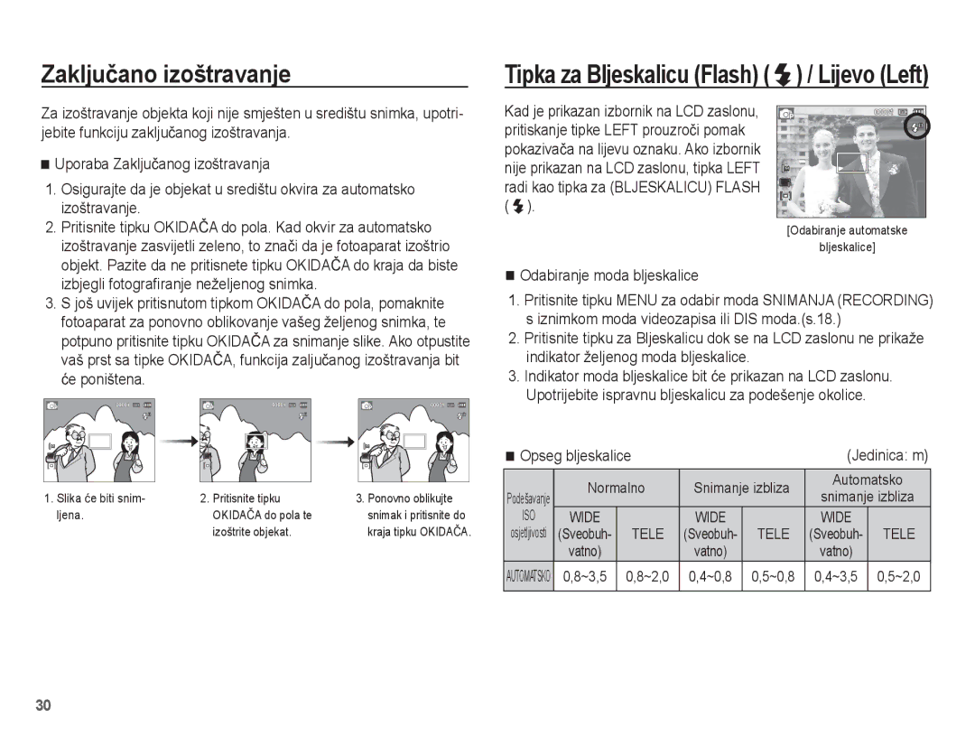 Samsung EC-ES20ZZBAWE3, EC-ES20ZZBAPE3 manual Zakljuþano izoštravanje, Odabiranje moda bljeskalice, Opseg bljeskalice 