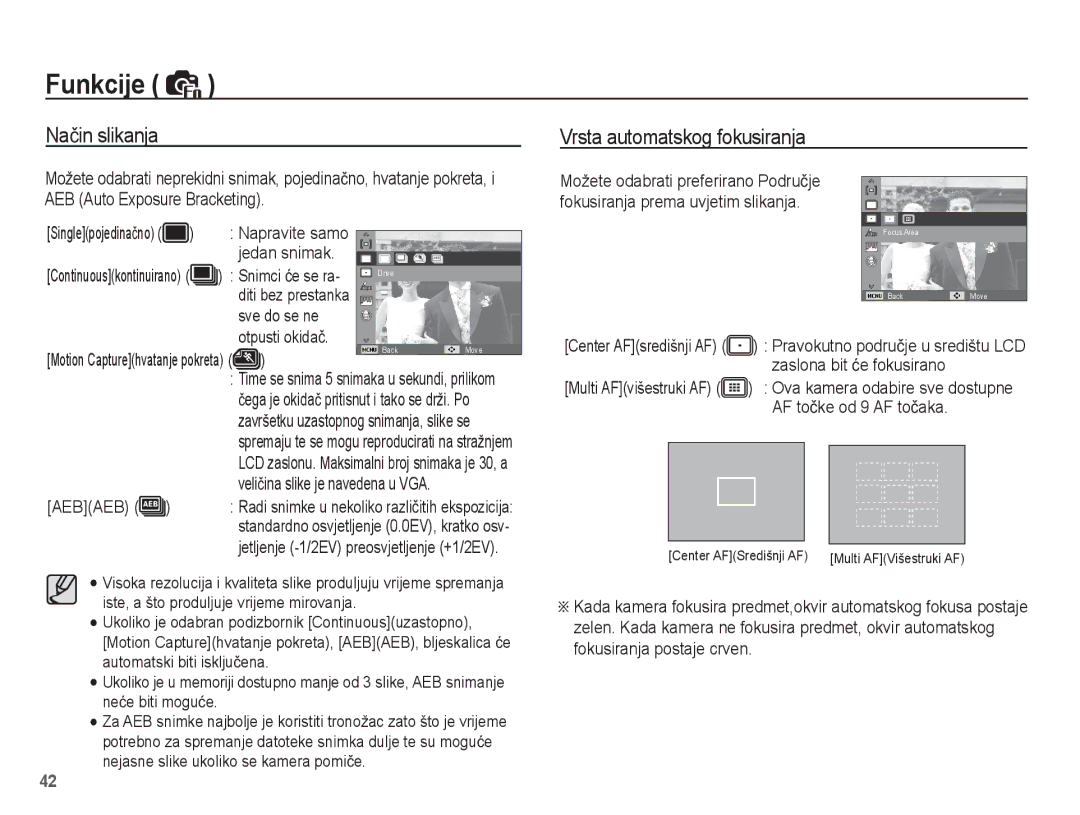 Samsung EC-ES20ZZBAWE3, EC-ES20ZZBAPE3, EC-ES20ZZBASE3, EC-ES20ZZBABE3 manual Naþin slikanja Vrsta automatskog fokusiranja 