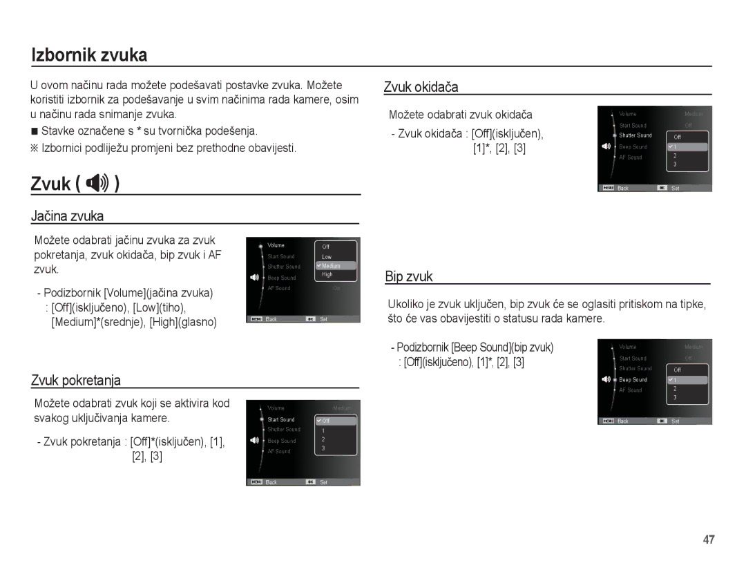 Samsung EC-ES20ZZBAPE3, EC-ES20ZZBASE3 manual Izbornik zvuka, Zvuk , Jaþina zvuka Zvuk okidaþa, Zvuk pokretanja, Bip zvuk 