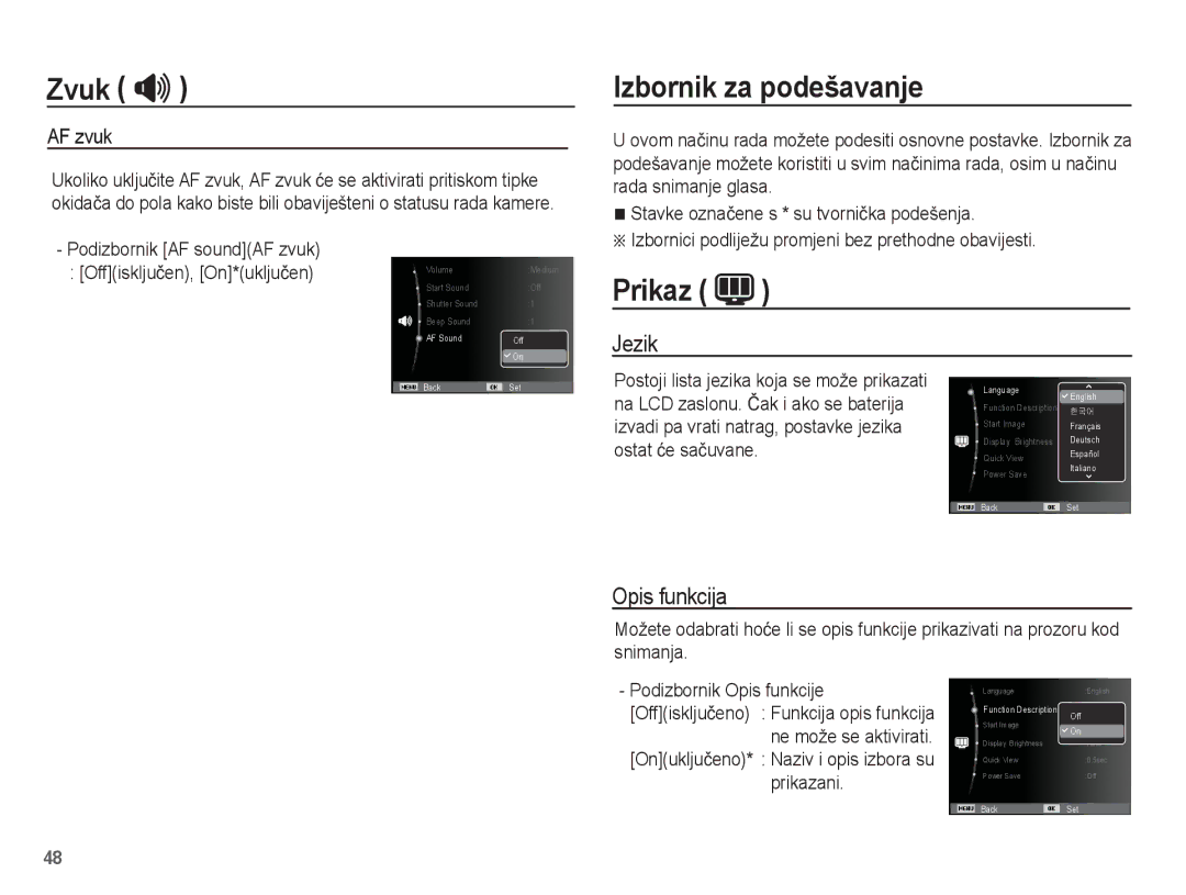 Samsung EC-ES20ZZBASE3, EC-ES20ZZBAPE3, EC-ES20ZZBABE3, EC-ES20ZZBAWE3 Izbornik za podešavanje, Prikaz, Jezik, Opis funkcija 