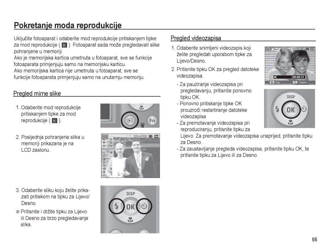 Samsung EC-ES20ZZBAPE3, EC-ES20ZZBASE3 manual Pokretanje moda reprodukcije, Pregled mirne slike, Pregled videozapisa 