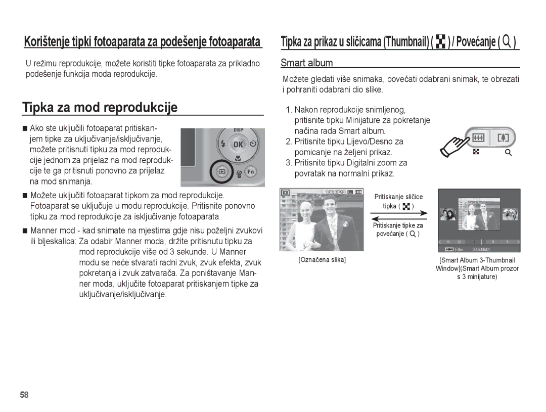 Samsung EC-ES20ZZBAWE3 manual Tipka za mod reprodukcije, Smart album, Mod reprodukcije više od 3 sekunde. U Manner 