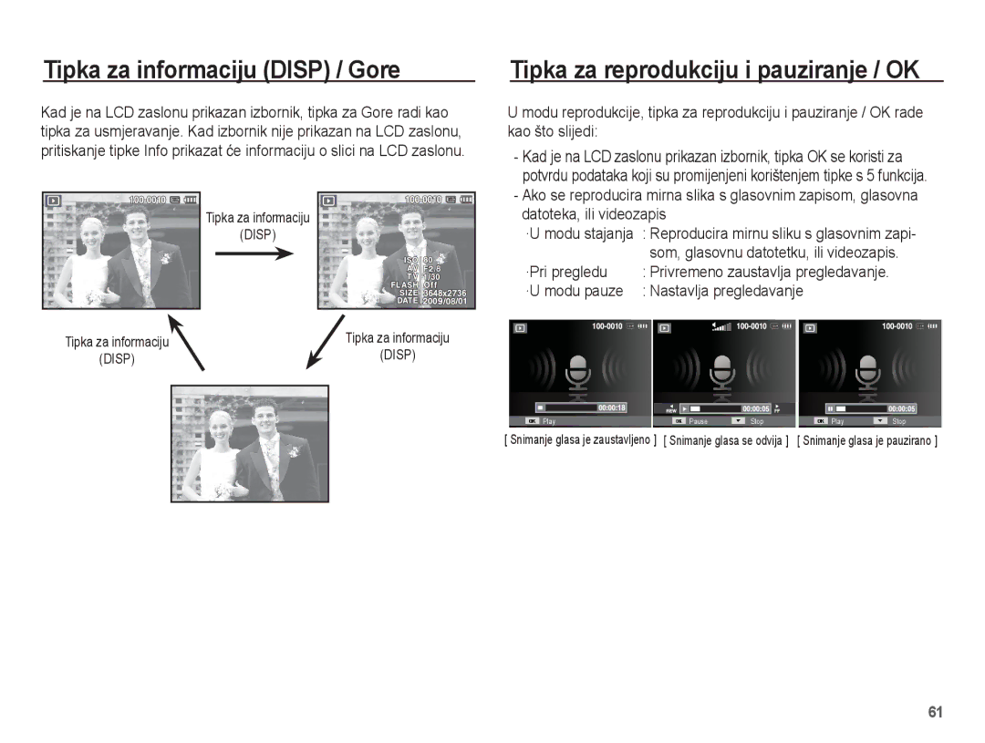 Samsung EC-ES20ZZBABE3 manual Tipka za informaciju Disp / Gore, Tipka za reprodukciju i pauziranje / OK, ·Pri pregledu 