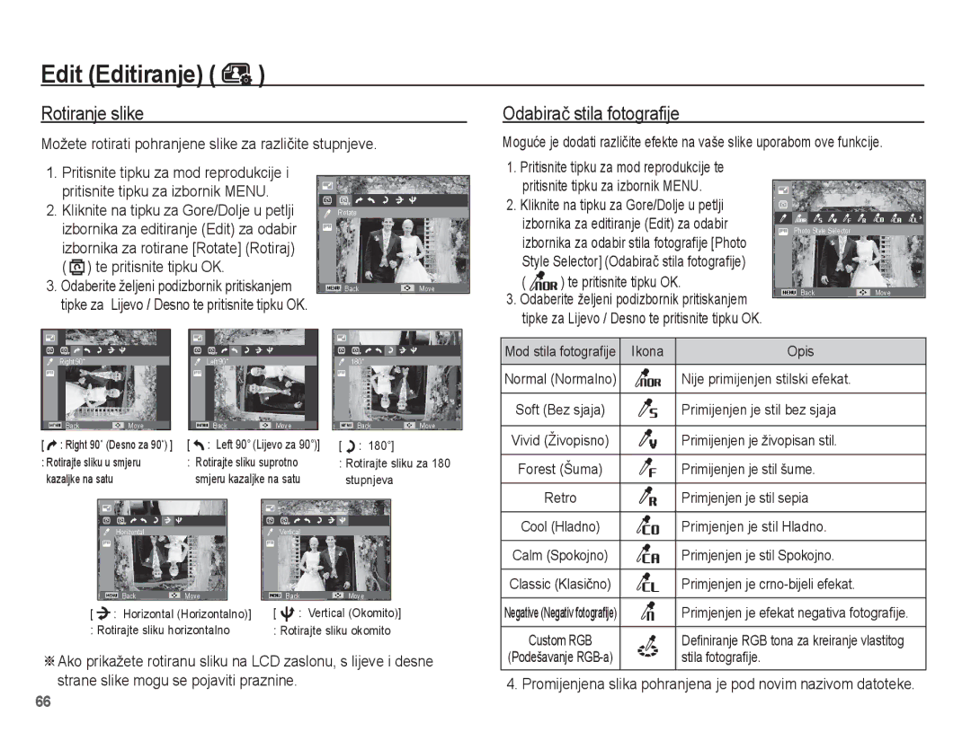 Samsung EC-ES20ZZBAWE3, EC-ES20ZZBAPE3, EC-ES20ZZBASE3 Rotiranje slike, Odabiraþ stila fotografije, Te pritisnite tipku OK 