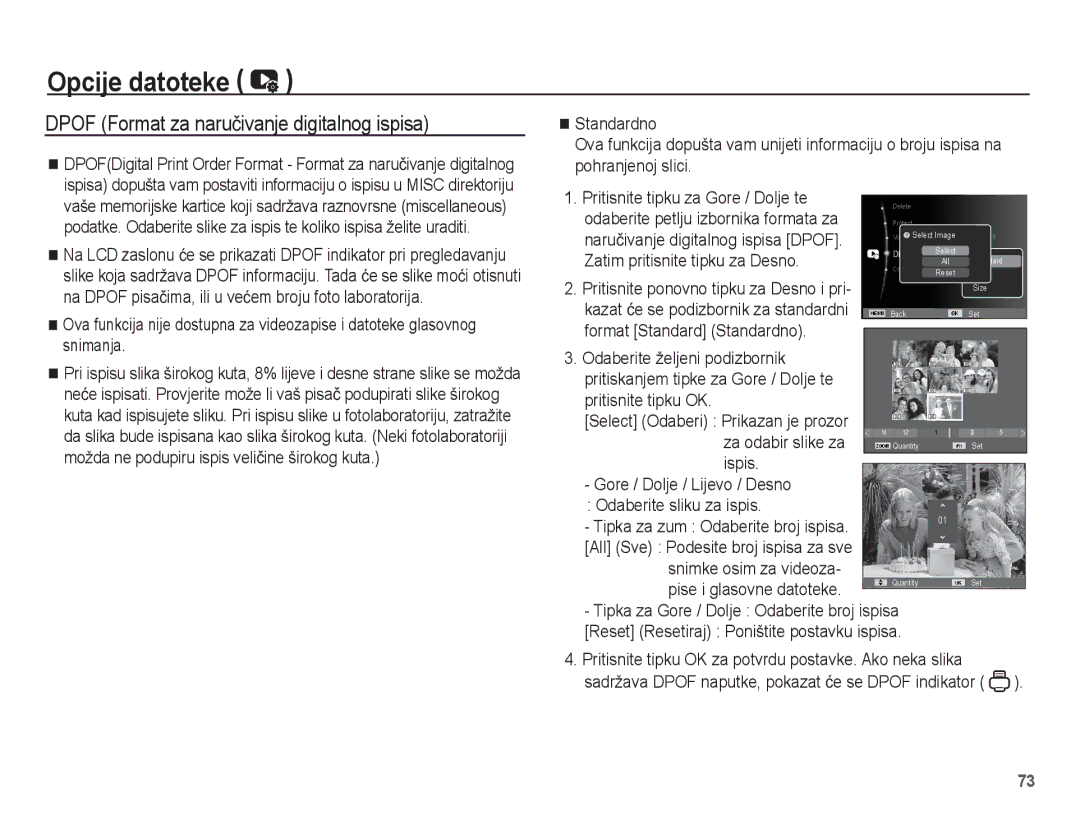 Samsung EC-ES20ZZBABE3 Dpof Format za naruþivanje digitalnog ispisa, Zatim pritisnite tipku za Desno, Za odabir slike za 