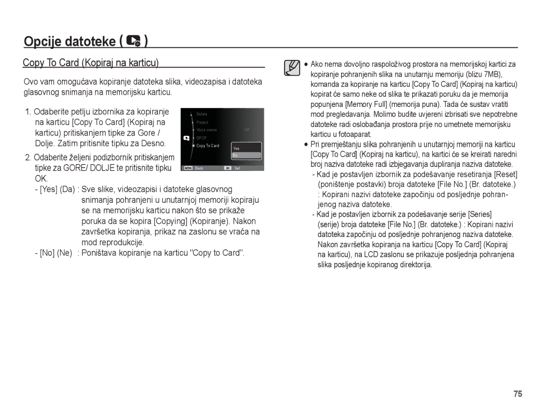 Samsung EC-ES20ZZBAPE3, EC-ES20ZZBASE3 Copy To Card Kopiraj na karticu, No Ne Poništava kopiranje na karticu Copy to Card 
