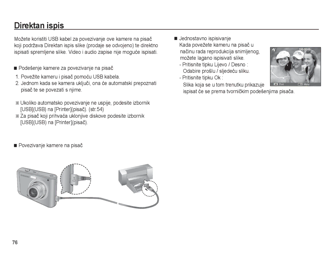 Samsung EC-ES20ZZBASE3, EC-ES20ZZBAPE3 manual Direktan ispis, Pritisnite tipku Ok Slika koja se u tom trenutku prikazuje 